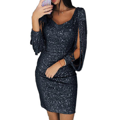 New Nightclub Party Fringed Long-sleeved Hip Dress