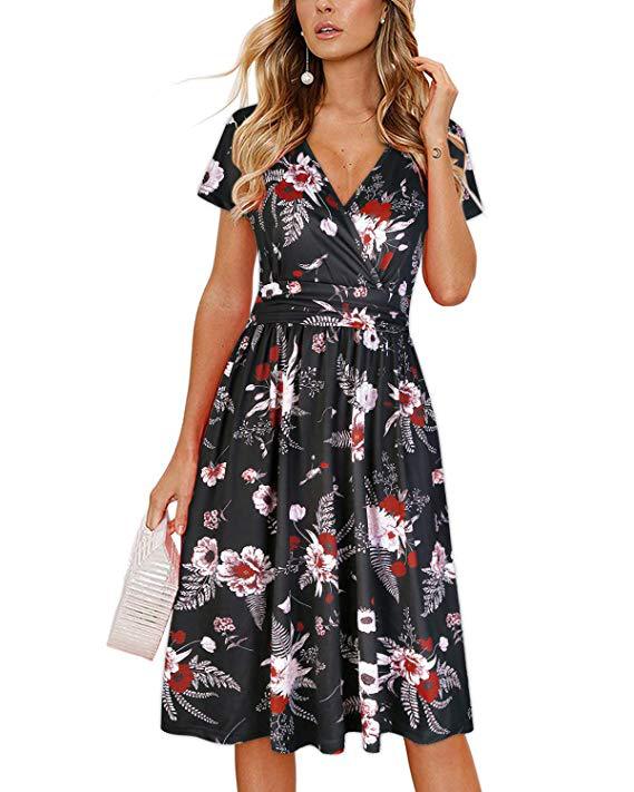 2019 Amazon Hot Sale Women&#039;s Clothing Printed Cross V Tie Pocket Short Sleeve Dress In Large Spot