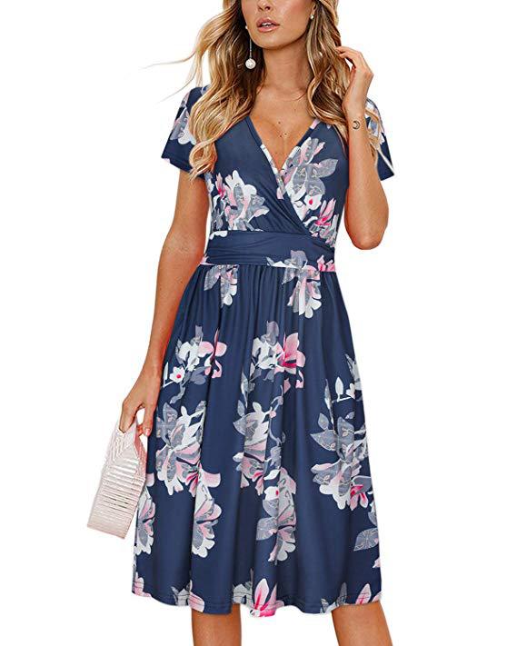 2019 Amazon Hot Sale Women&#039;s Clothing Printed Cross V Tie Pocket Short Sleeve Dress In Large Spot