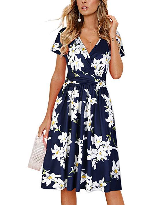 2019 Amazon Hot Sale Women&#039;s Clothing Printed Cross V Tie Pocket Short Sleeve Dress In Large Spot