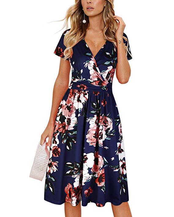 2019 Amazon Hot Sale Women&#039;s Clothing Printed Cross V Tie Pocket Short Sleeve Dress In Large Spot