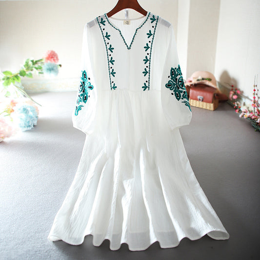 Literary Retro Cotton And Linen Embroidery Fresh  Beach Travel Vacation Loose Mid-length Knee-length Dress