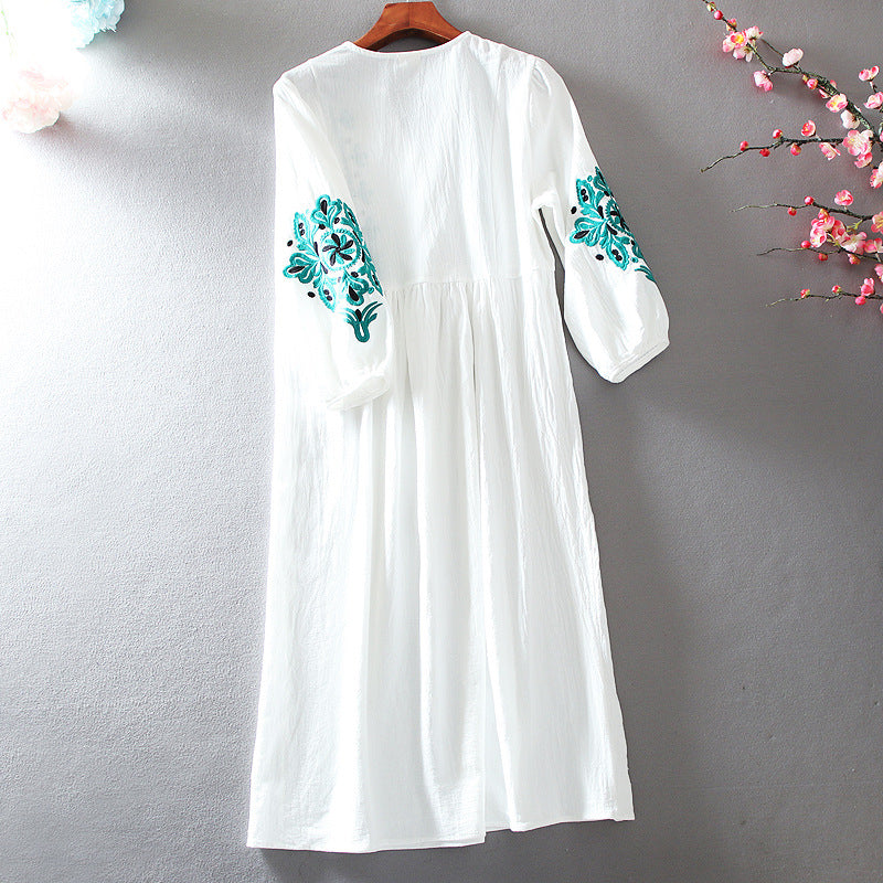 Literary Retro Cotton And Linen Embroidery Fresh  Beach Travel Vacation Loose Mid-length Knee-length Dress