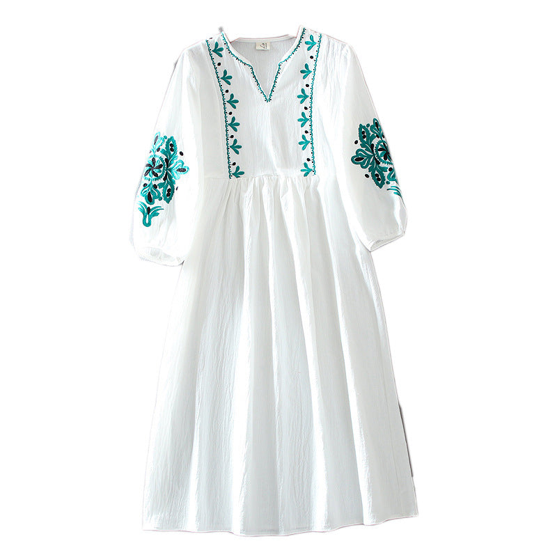 Literary Retro Cotton And Linen Embroidery Fresh  Beach Travel Vacation Loose Mid-length Knee-length Dress