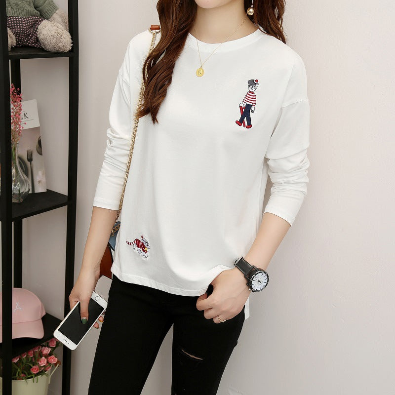 Autumn Clothes Women 2022 New Women&#039;s Korean Version Of Loose Student Embroidery Long-sleeved T-shirt Female Students