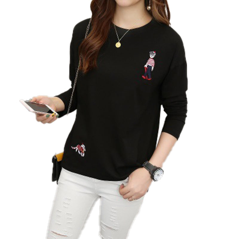 Autumn Clothes Women 2022 New Women&#039;s Korean Version Of Loose Student Embroidery Long-sleeved T-shirt Female Students