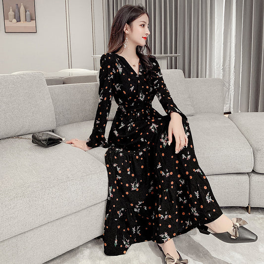 New Floral Chiffon Dress Women&#039;s V-neck Long Sleeve Mid-Length Waist Slim Sister Long