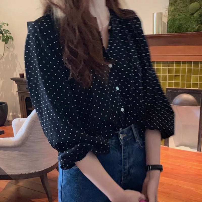 New Salt Lantern Long-sleeved Polka Dot Chiffon Shirt Women&#039;s Loose Design Sense Niche Light Mature Top