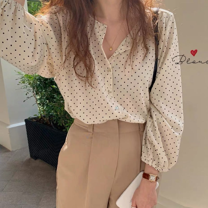 New Salt Lantern Long-sleeved Polka Dot Chiffon Shirt Women&#039;s Loose Design Sense Niche Light Mature Top