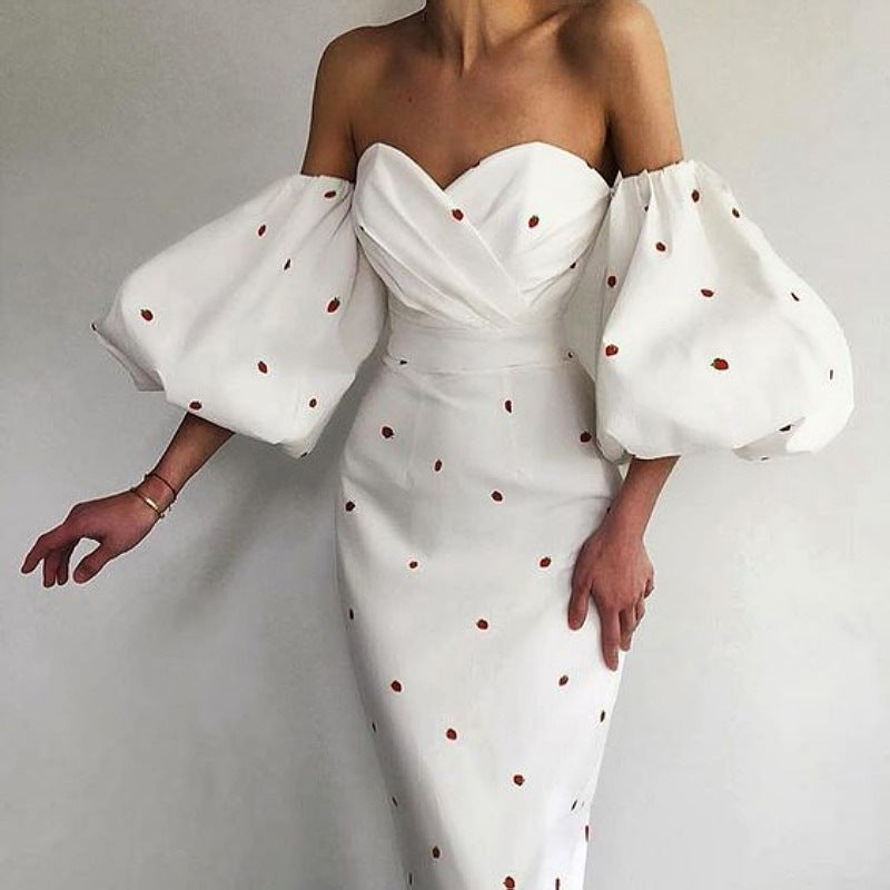 European And American Women&#039;s Sexy Tube Top Floral Dress Lantern Sleeves High Waist Slim French Strawberry Print Dress