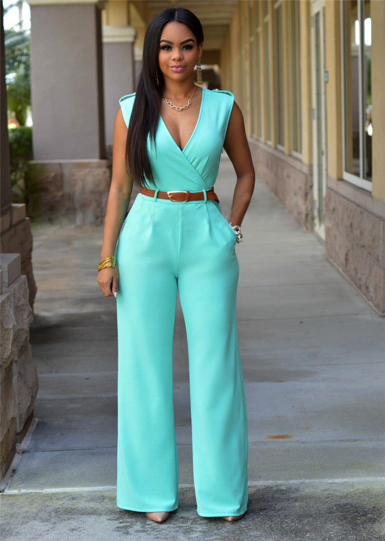 Sexy Wish High Waist V-neck Wide Leg Pants Irregular Suit With Belt