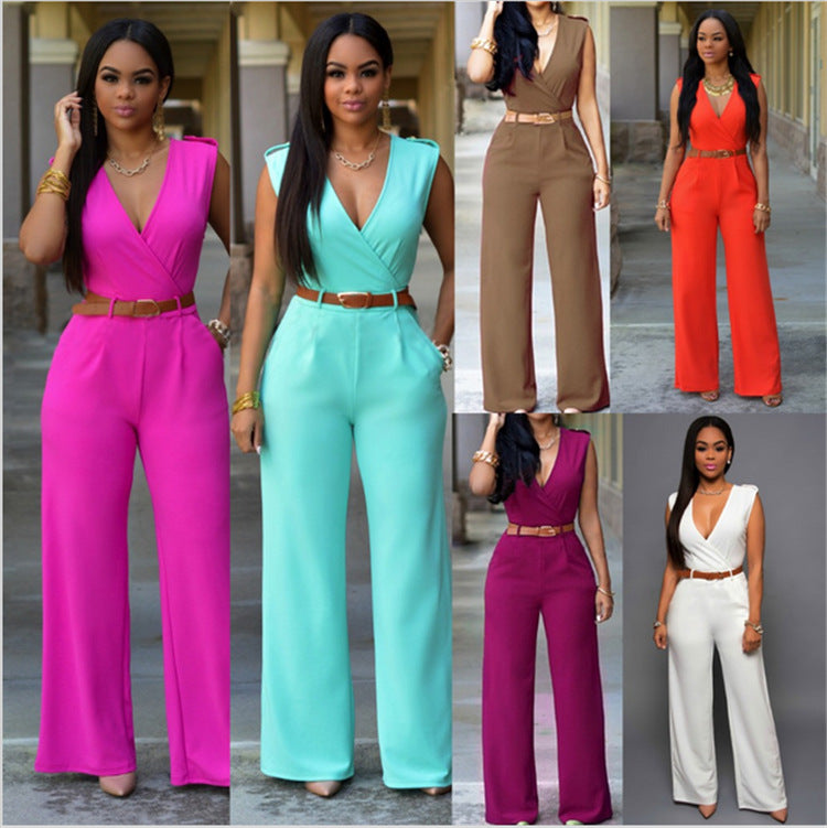 Sexy Wish High Waist V-neck Wide Leg Pants Irregular Suit With Belt