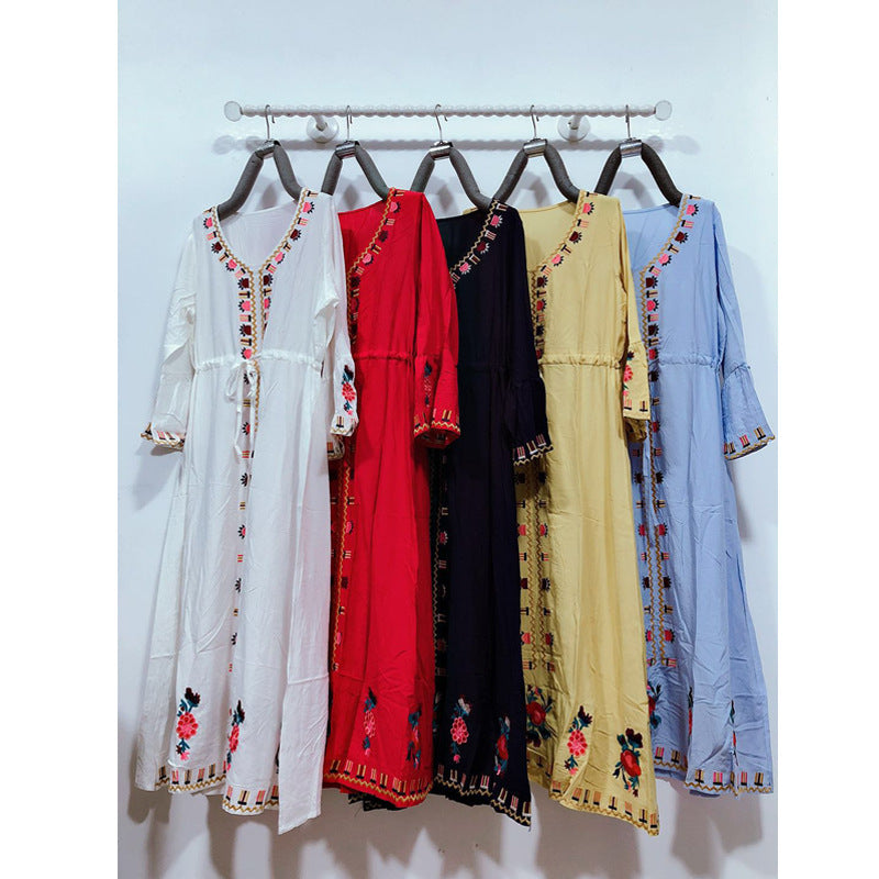 Embroidery Cotton And Linen Dress Female V-neck Loose Trumpet Long-sleeved Yunnan Travel And Vacation Long Skirt