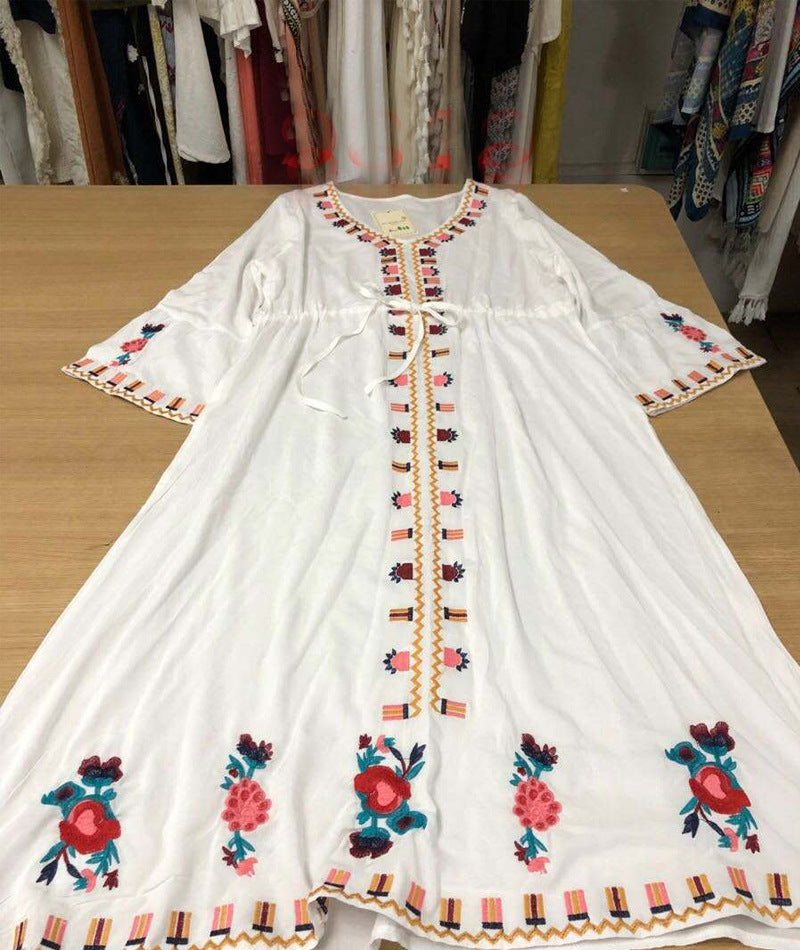 Embroidery Cotton And Linen Dress Female V-neck Loose Trumpet Long-sleeved Yunnan Travel And Vacation Long Skirt