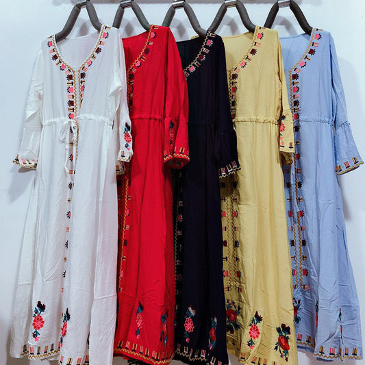 Embroidery Cotton And Linen Dress Female V-neck Loose Trumpet Long-sleeved Yunnan Travel And Vacation Long Skirt