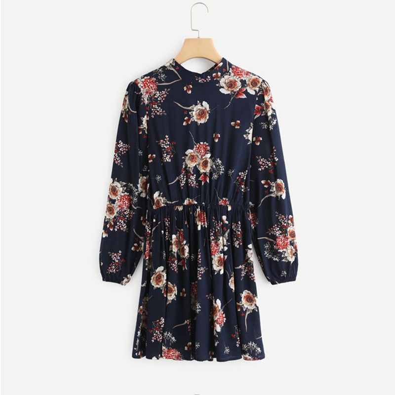 Lace-up long-sleeved elastic waist print dress