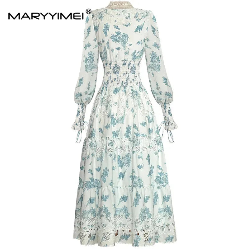 Spring Women&#039;s Dress Lantern Long Sleeve Single Breasted Elastic Waist Hollow Out Printing Dresses