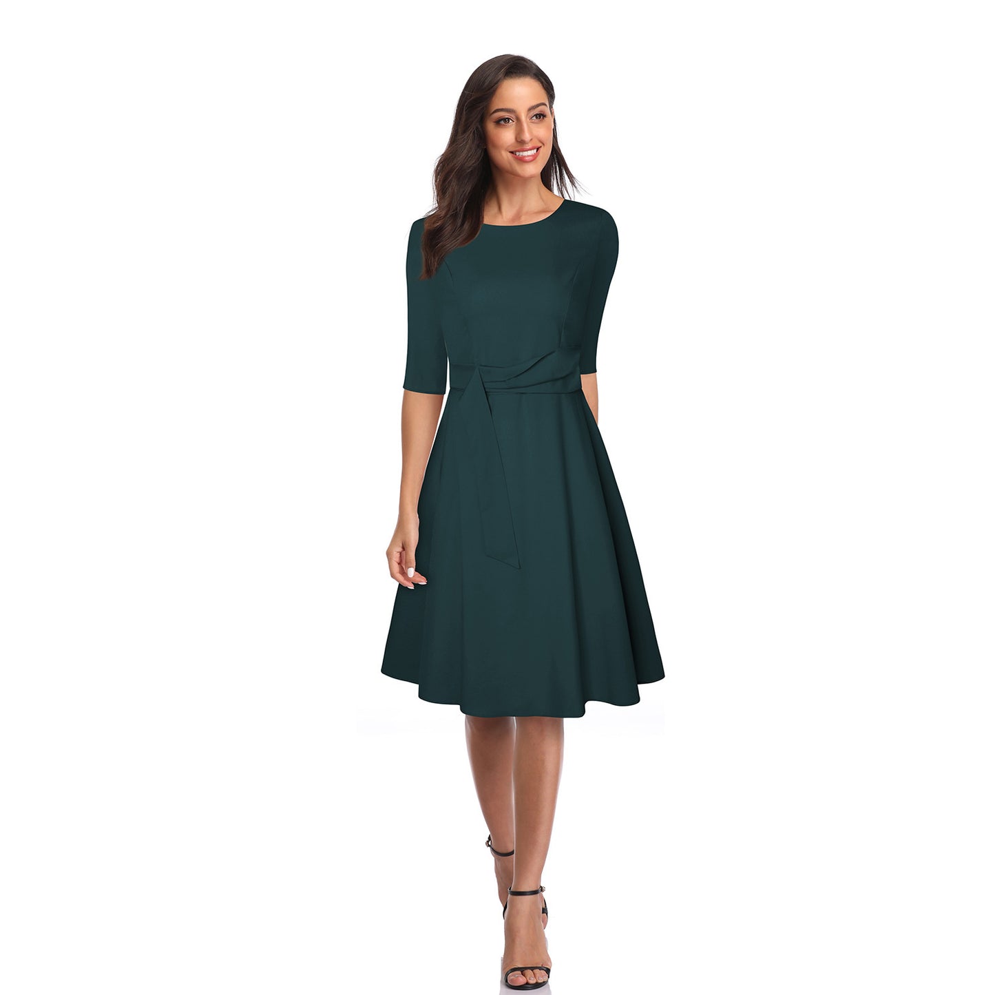 New Round Neck Mid-sleeve Tie Waist Retro Temperament Large Swing Skirt Dress