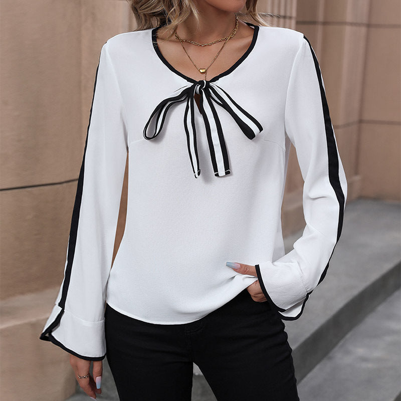 Spring Women&#039;s Commuter Top Lace-up Bow Shirt Long-sleeved Contrasting Color Shirt