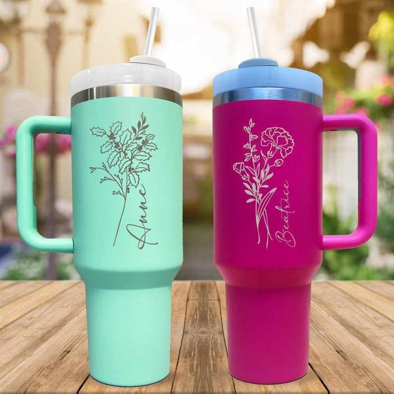 POD Popular 40oz Car Cup Handle Thermos Cup Customized Birthday Flower Name One Piece Customized