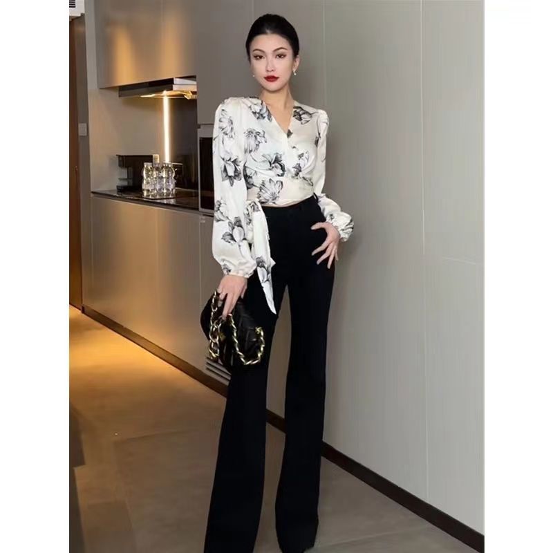 Chiffon Shirt Elegant Commuter Chic Cross Strap V-neck Long Sleeve Shirt 2024 Spring New Top For Women Ins Fashion