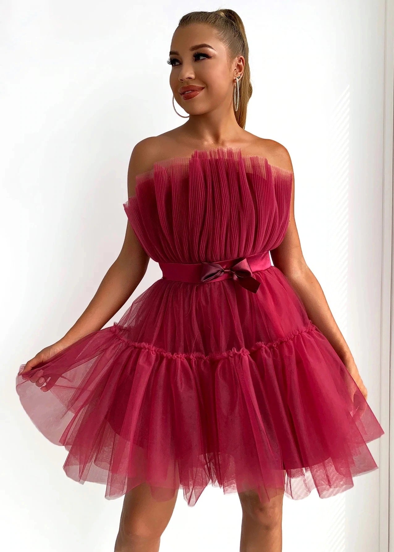 2022 European And American Cross-border Amazon AliExpress Tube Top Style Mesh Temperament Bow Tutu Skirt Dress Wish Female