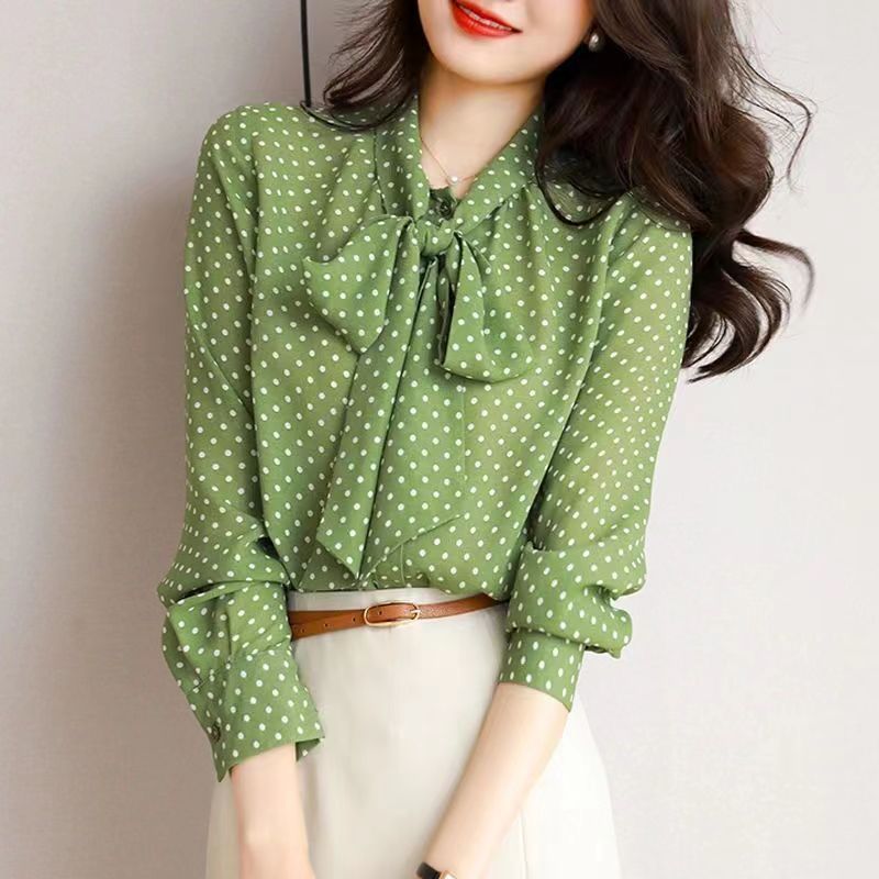 2023 Chiffon New Shirt Women&#039;s Green Polka Dot Shirt Collar Tie Long Sleeve One-row Button Cardigan Thin Top