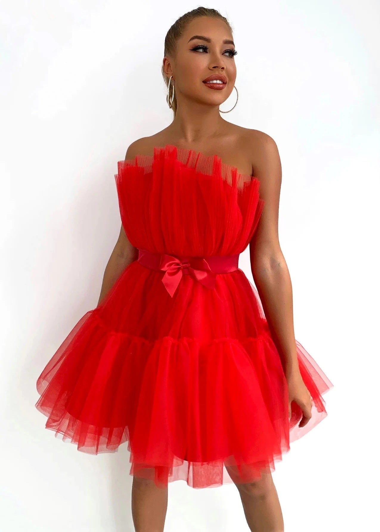 2022 European And American Cross-border Amazon AliExpress Tube Top Style Mesh Temperament Bow Tutu Skirt Dress Wish Female