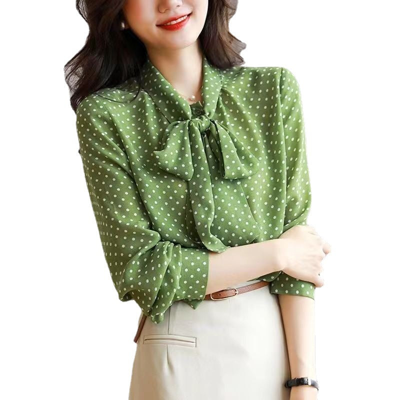 2023 Chiffon New Shirt Women&#039;s Green Polka Dot Shirt Collar Tie Long Sleeve One-row Button Cardigan Thin Top