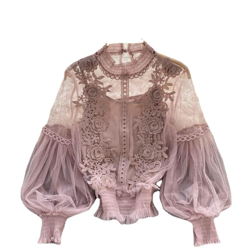 Design Sense Niche Three-dimensional Flower Collage Perspective Mesh Lantern Sleeve Slim Short Top Female Lace Bottoming Shirt