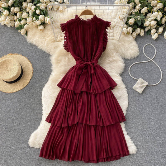 French-style Women&#039;s Heavy Industry Pressed Pleated Wood Ear Side Collar Tie Waist Slimming Ruffled Chiffon Cake Skirt