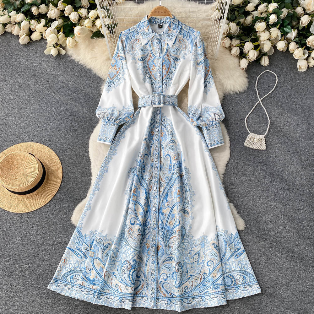 Court Style Retro Printing Temperament Polo Collar Shirt Dress Autumn And Winter New High-end French Waist Dress