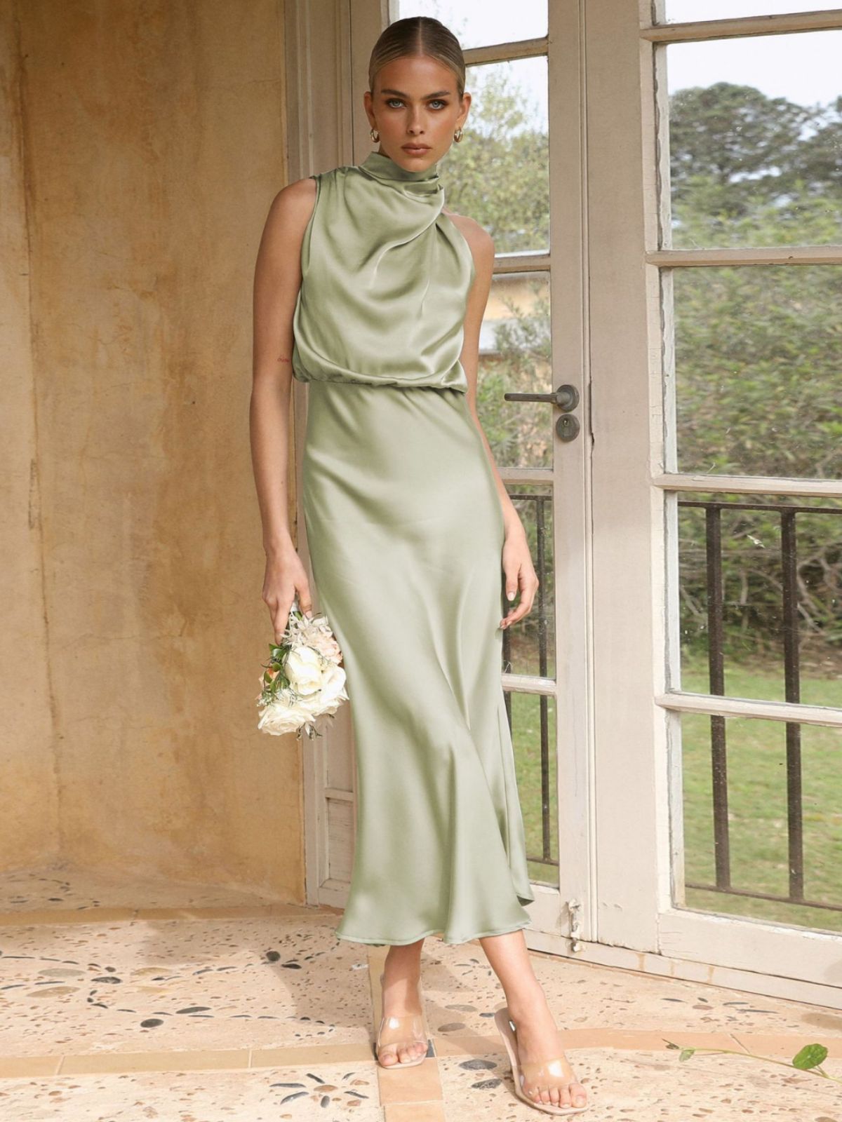 Mid-length Halter Neck Satin Evening Dress