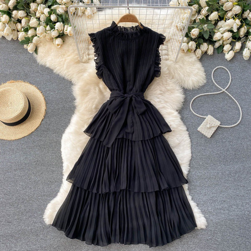 French-style Women&#039;s Heavy Industry Pressed Pleated Wood Ear Side Collar Tie Waist Slimming Ruffled Chiffon Cake Skirt