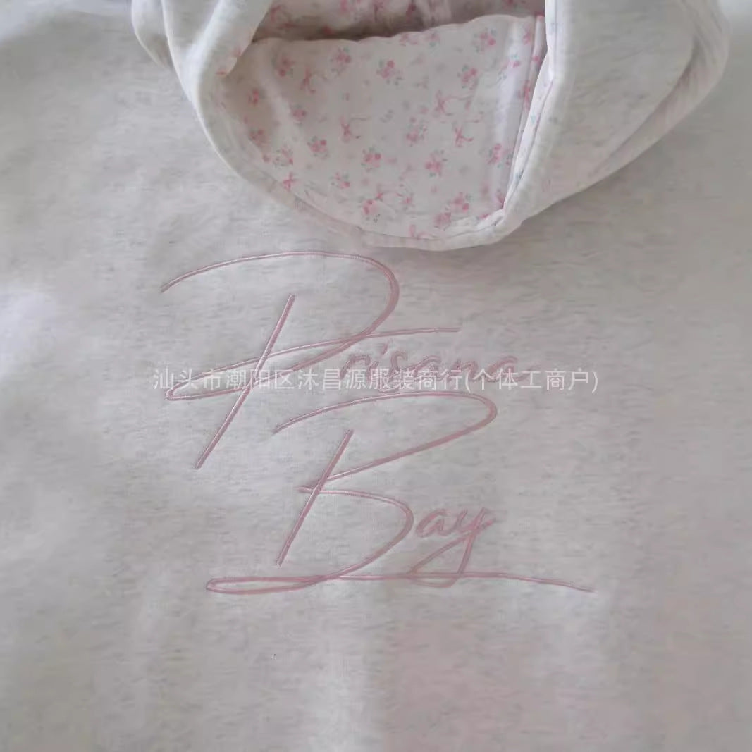 Floral Vintage Trendy Letter Bow American Style 2024 New Cotton Simple Pattern Grey Pullover Sweat Top