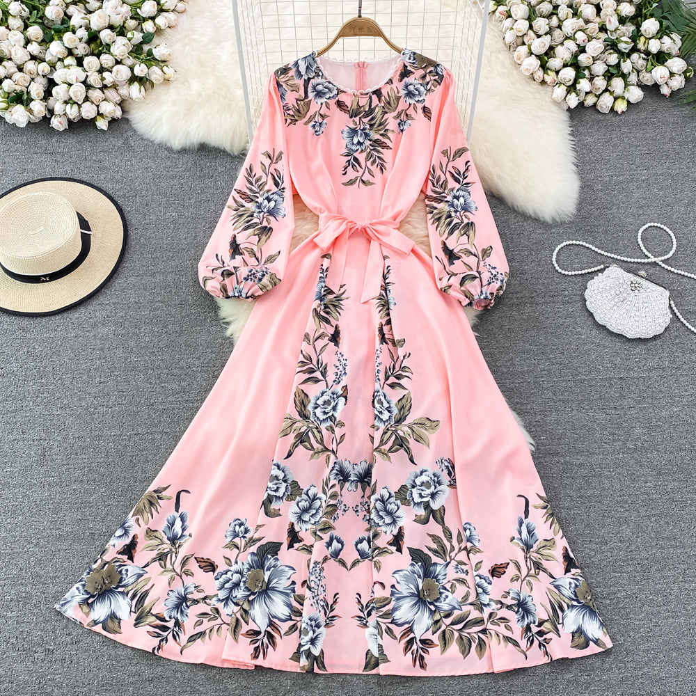 Spring And Autumn High-end Round Neck Bubble Long Sleeve Waist Positioning Printing A-line Dress Elegant Large Swing Long Skirt