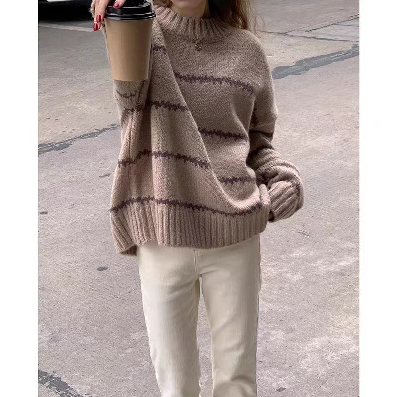 Autumn And Winter Pullover Soft Waxy Striped Sweater For Women  New Long-sleeved Round Neck Sweater Loose Inner Top For Women