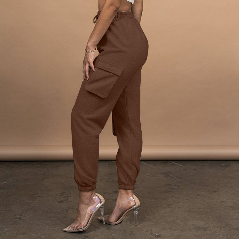 Europe And The United States Large Size Women&#039;s Leisure Solid Color Has Pockets Tie-tie Trousers Sports Pants Casual Pants