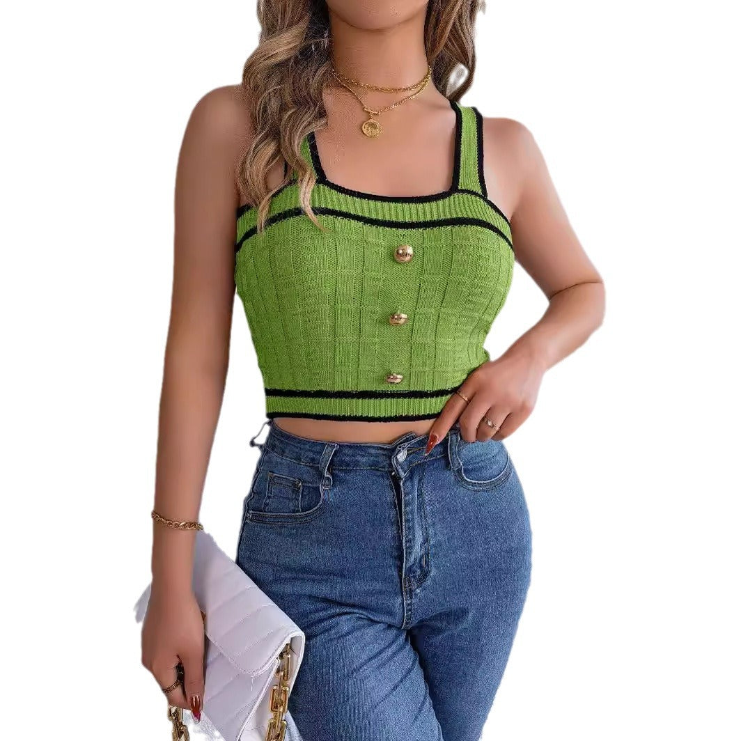 Summer Contrast Button Sleeveless Navel Sweater Holiday Top