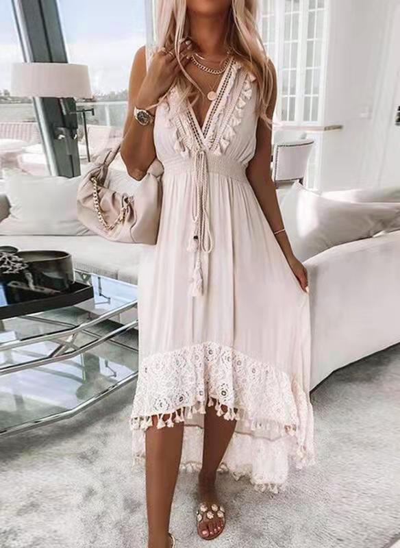 Station Solid Color V-neck Mid-waist Pullover Lace Lace Waist Swing Dress