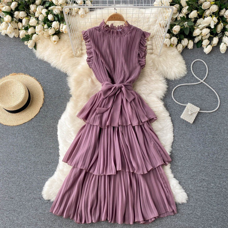 French-style Women&#039;s Heavy Industry Pressed Pleated Wood Ear Side Collar Tie Waist Slimming Ruffled Chiffon Cake Skirt