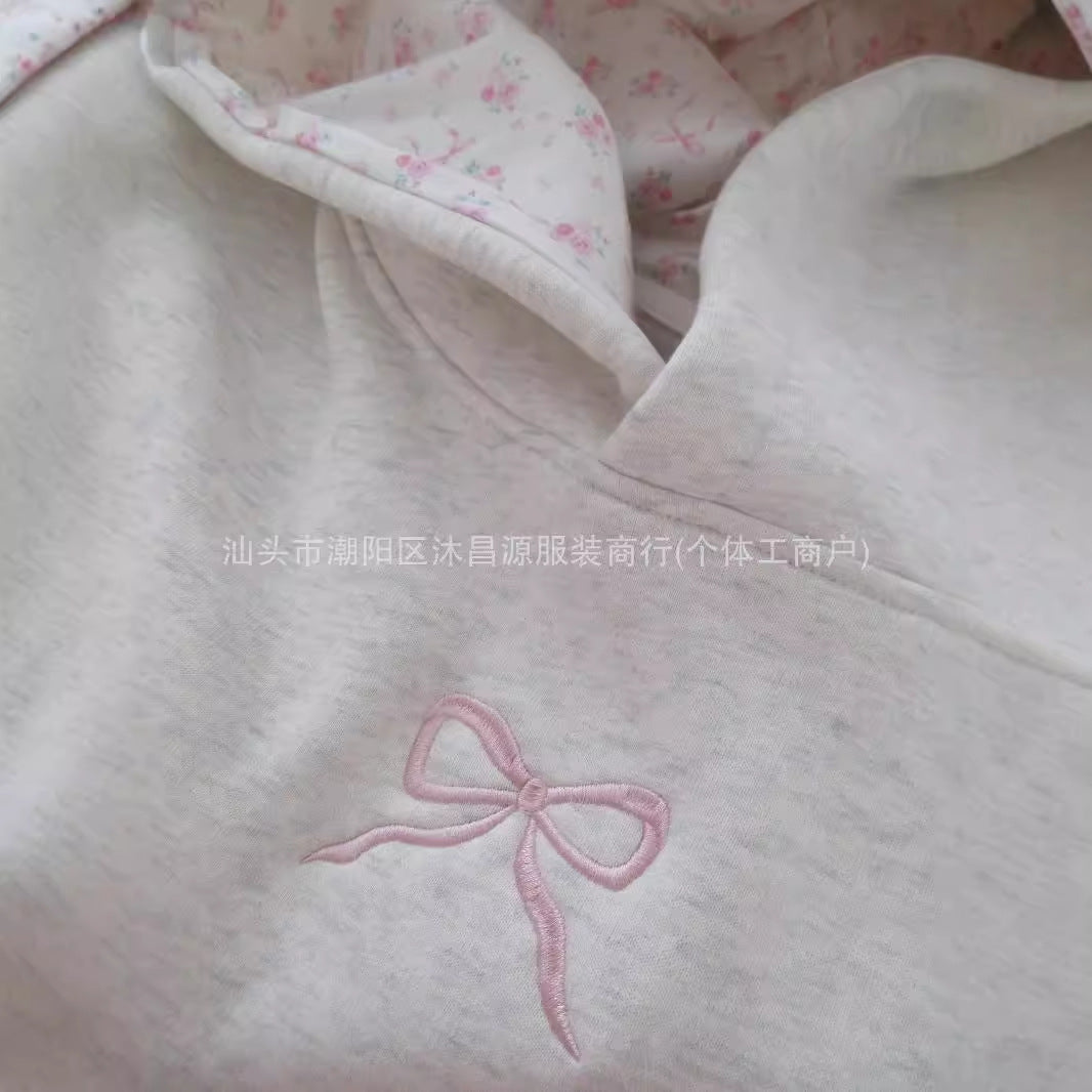 Floral Vintage Trendy Letter Bow American Style 2024 New Cotton Simple Pattern Grey Pullover Sweat Top