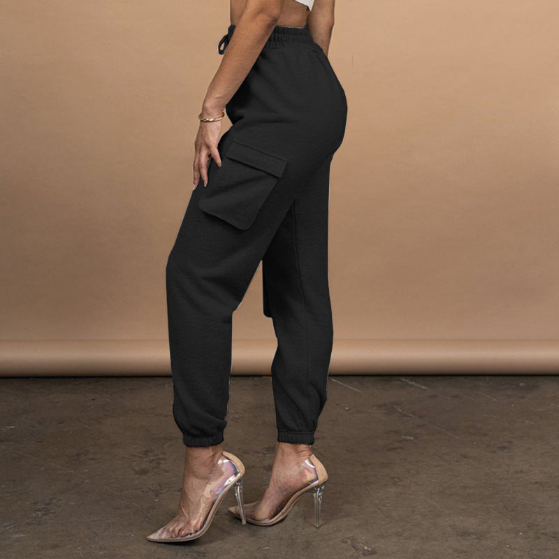 Europe And The United States Large Size Women&#039;s Leisure Solid Color Has Pockets Tie-tie Trousers Sports Pants Casual Pants