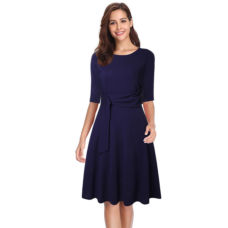 New Round Neck Mid-sleeve Tie Waist Retro Temperament Large Swing Skirt Dress