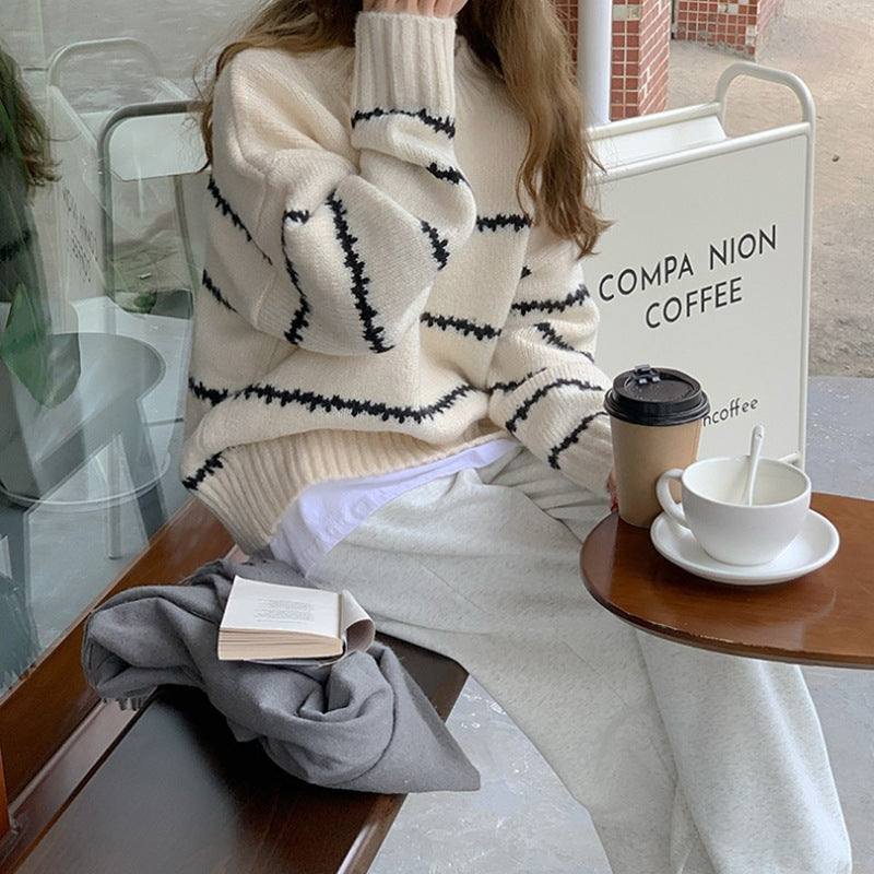 Autumn And Winter Pullover Soft Waxy Striped Sweater For Women  New Long-sleeved Round Neck Sweater Loose Inner Top For Women