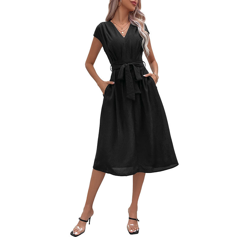 Summer European And American Women&#039;s New  Tie V-neck Black Dress