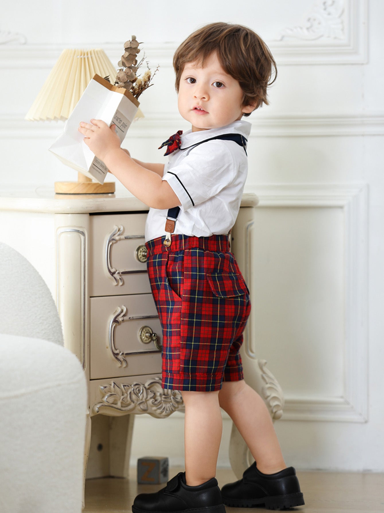 Cross-border Fashion Gentlemen&#039;s Dress For Boys And Girls Summer New Short-sleeved Plaid Shorts Suit Children&#039;s Performance Suit Brother And Sister Suit