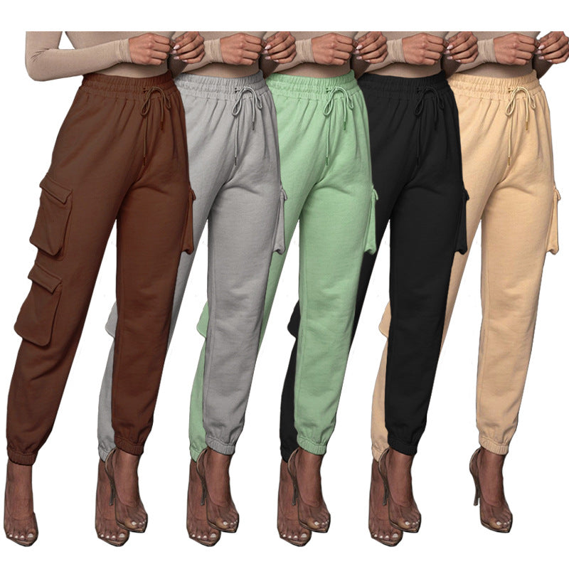 Europe And The United States Large Size Women&#039;s Leisure Solid Color Has Pockets Tie-tie Trousers Sports Pants Casual Pants