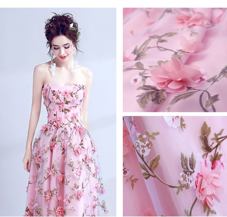 2022 New Evening Dress Bean Pink Flowers Lace Tube Top Performance Dress Bride Wedding Banquet Annual Meeting Evening Dress