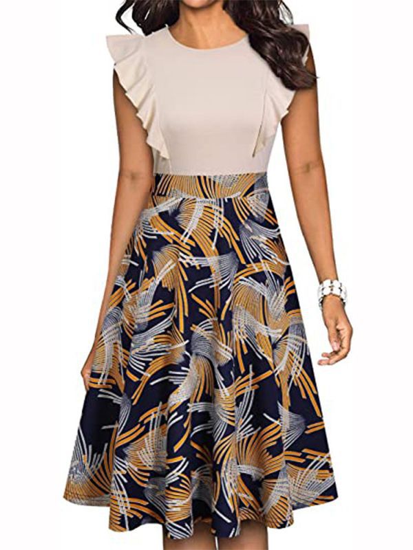 Spring And Summer Short-sleeved Slim-fit Print Retro Dress